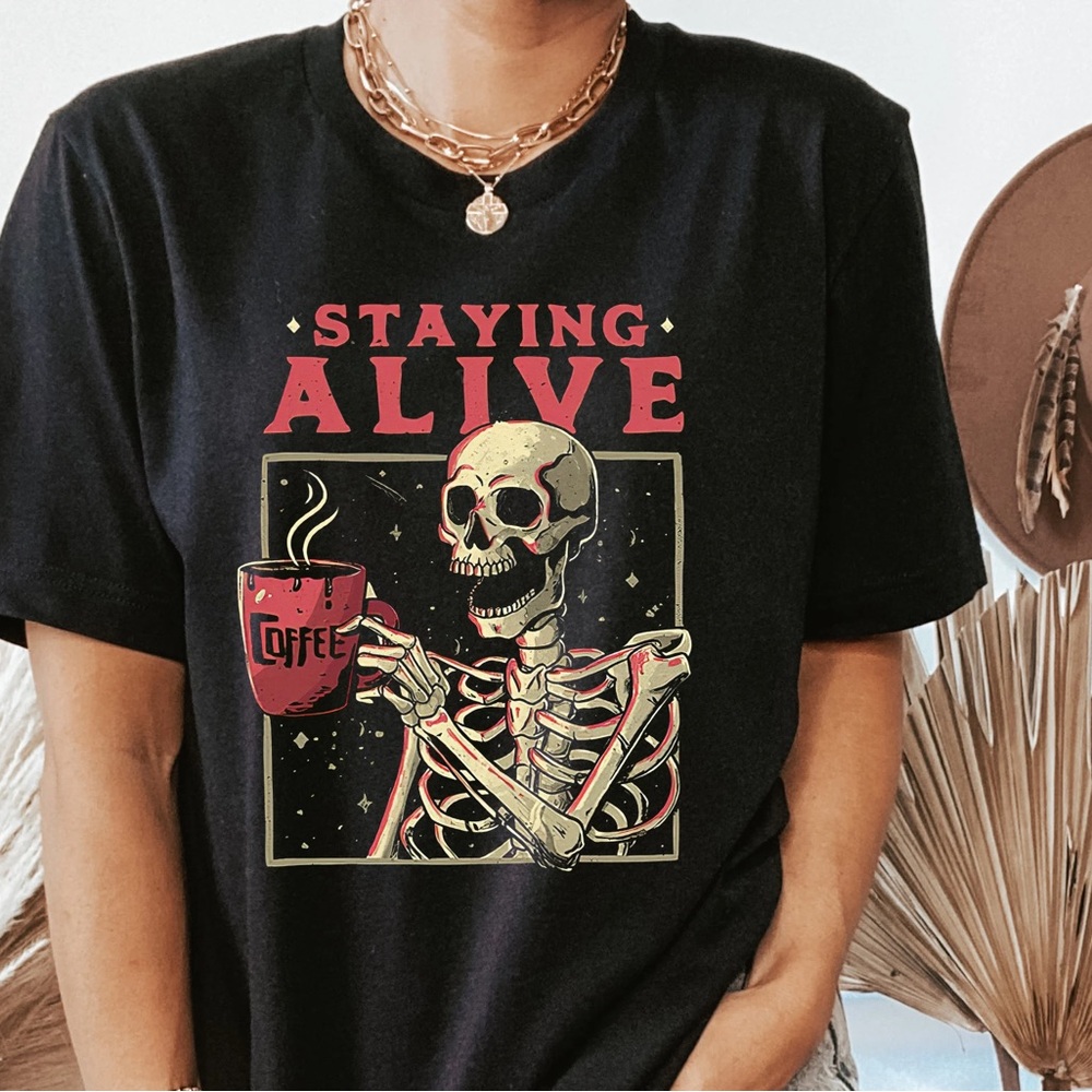 Wicked Clothing Staying Alive Coffee Graphic Tee (L)